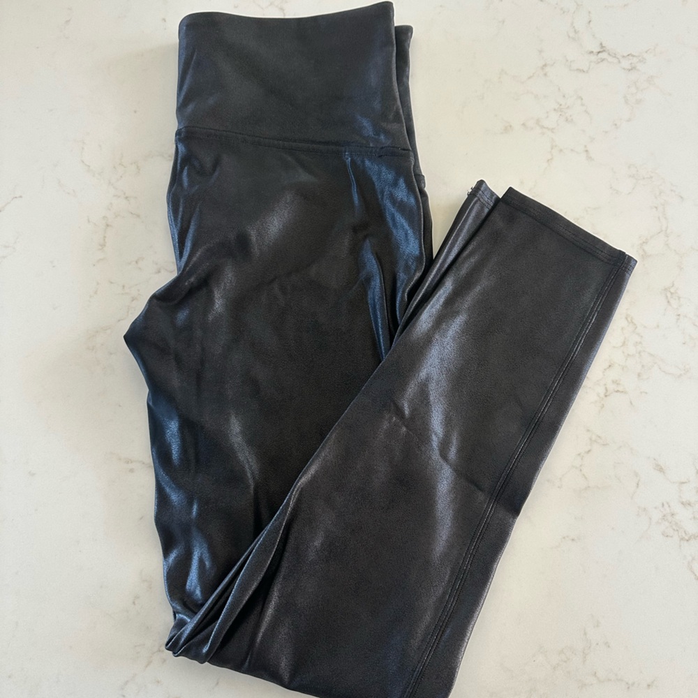 SPANX Black Faux Leather Leggings - PETITE